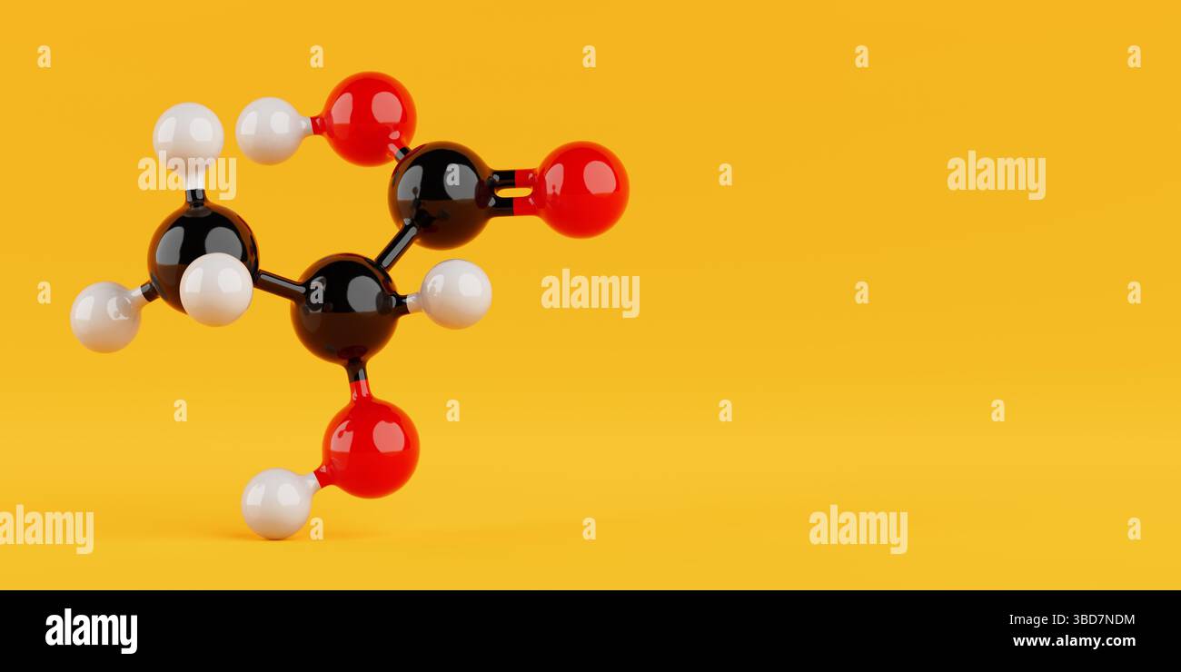 Concept de science chimique. Modèle coloré de structure moléculaire d'acide lactique avec des atomes reliés par des liaisons sur fond jaune. Rendu 3D. Banque D'Images