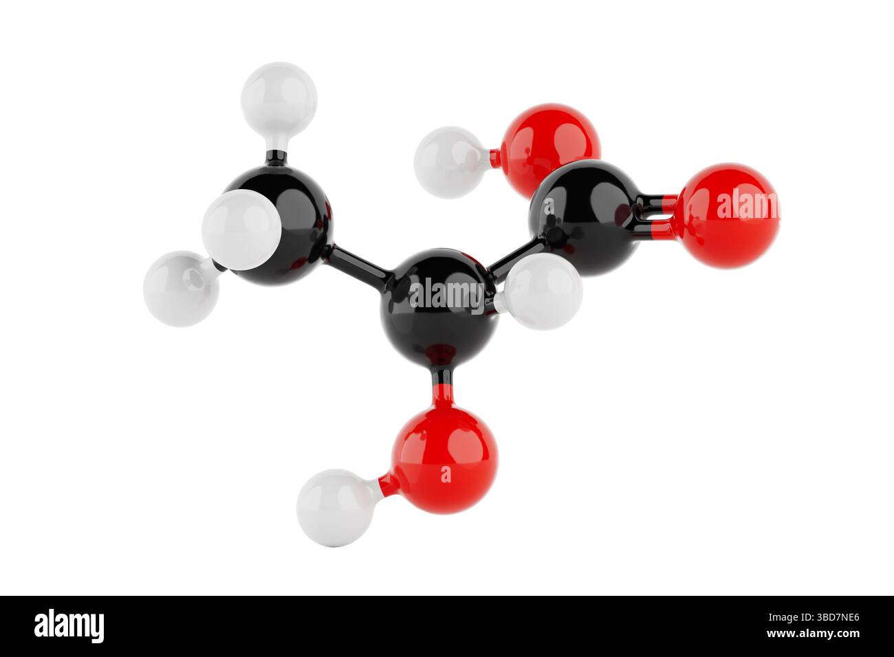 Concept de science chimique. Modèle coloré de structure moléculaire d'acide lactique avec des atomes reliés par des liaisons sur fond blanc. Rendu 3D. Banque D'Images