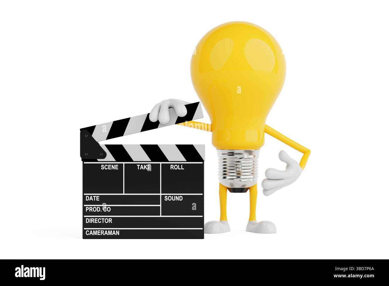 Créativité et concept de réalisation de films. Caractère d'ampoule jaune tenant Clapperboard sur fond blanc. Rendu 3D. Banque D'Images