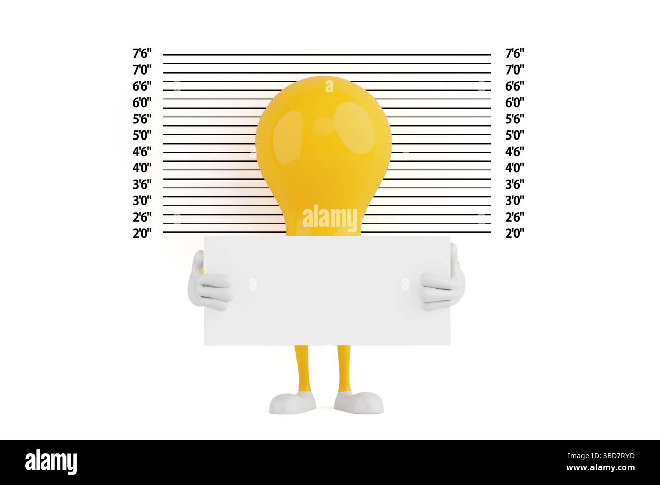 Concept drôle d'idée échouée. Personnage d'ampoule debout devant le tableau de hauteur avec signe vierge Extreme gros plan. Rendu 3D. Banque D'Images