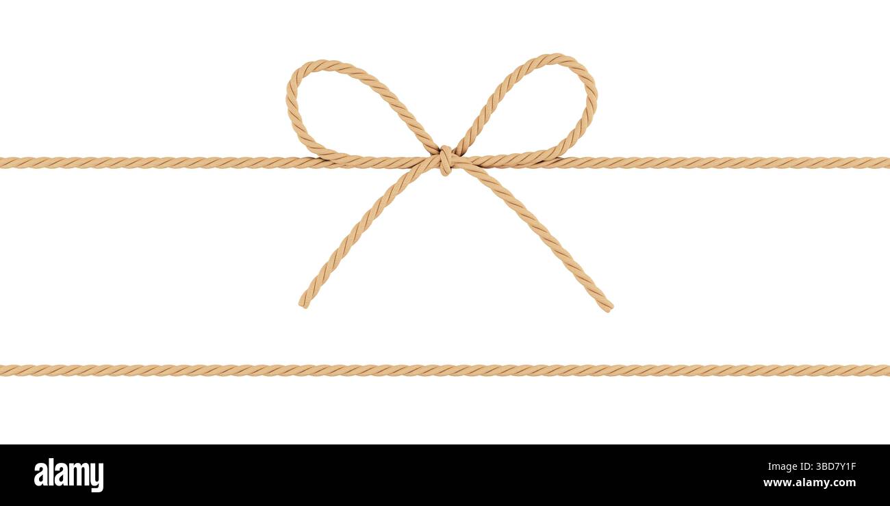 Concept de cadeau ou de décoration. Corde torsadée brune attachée dans l'arc sur fond blanc avec des lignes horizontales. Rendu 3D. Banque D'Images
