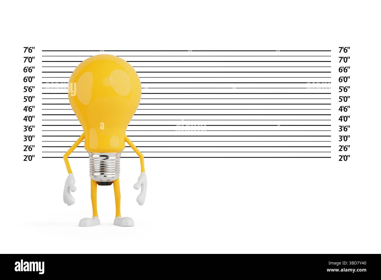 Concept de crime créatif. Personnage jaune d'ampoule de dessin animé dans le tableau des hauteurs devant la ligne de police sur fond blanc. Rendu 3D. Banque D'Images