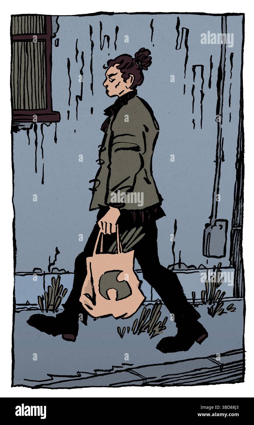 Jeune femme avec un chignon marchant de profil, revenant de l'épicerie avec un sac en toile et portant une tenue d'automne confortable Banque D'Images