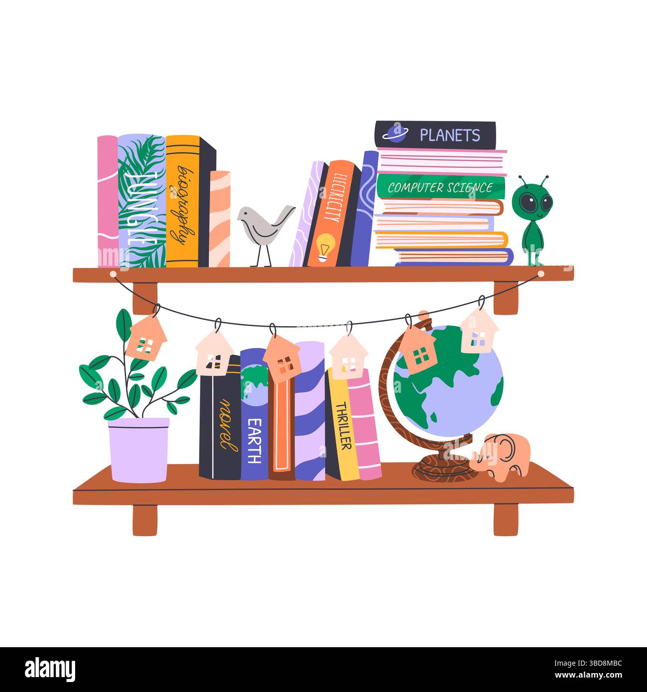 Piles de livres sur des étagères. Bibliothèque personnelle. Illustration de Vecteur