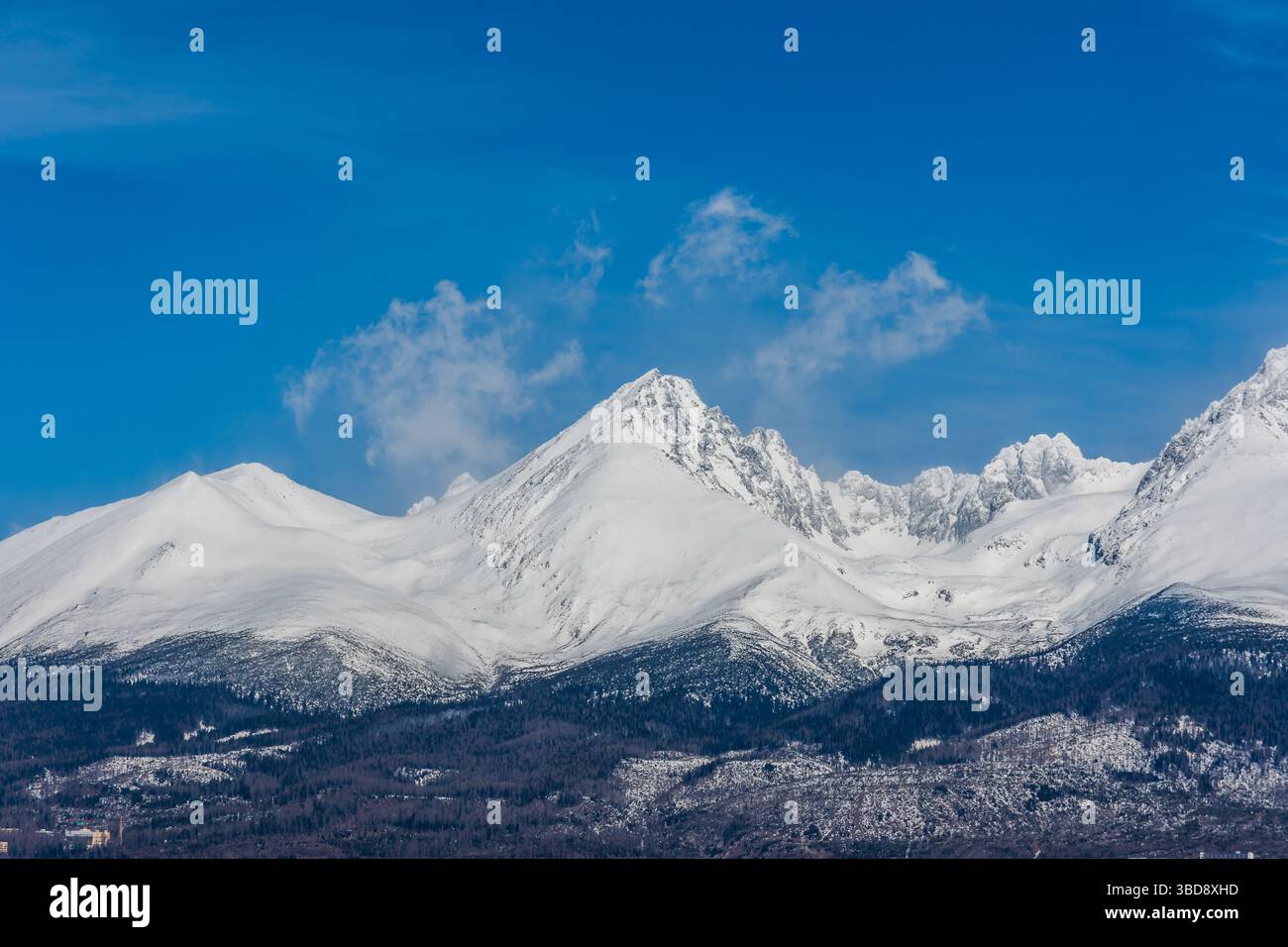 Slovaquie : Big Tatras (Vysoke Tatry) au printemps. Grandes montagnes avec la neige et les nuages. Le lac en premier plan. Petit village près de la montagne et Banque D'Images