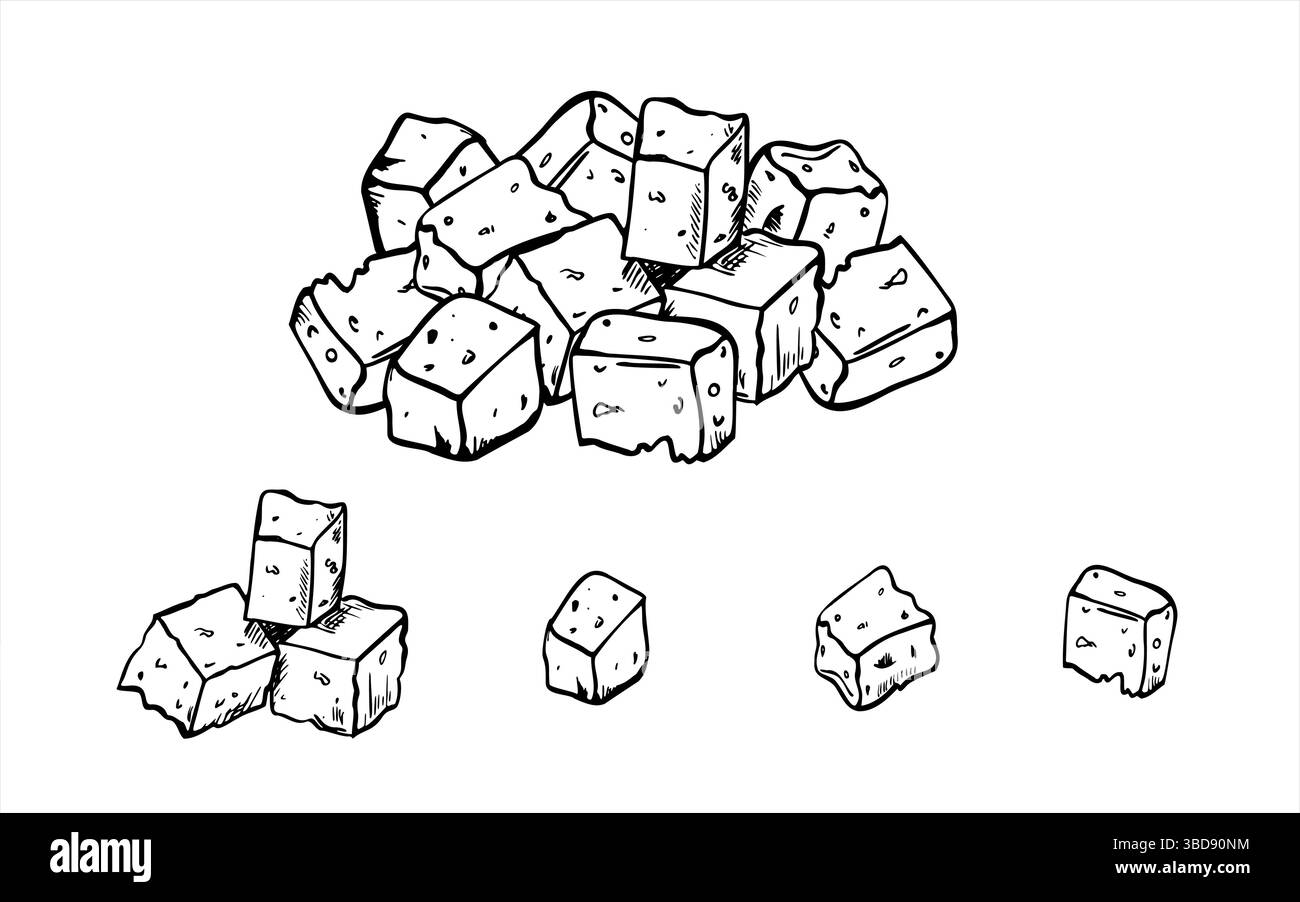 Vectoriel irrégulier, morceaux de fromage poreux monochrome ligne art dessin à l'encre noire dans un style linéaire. Illustration de tas d'ingrédients alimentaires pour la nourriture gastronomique Illustration de Vecteur