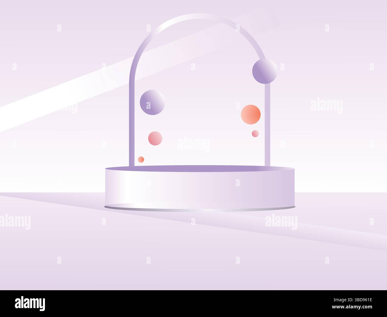Podium blanc minimal avec orbes suspendus pour la mise en place des produits Illustration de Vecteur