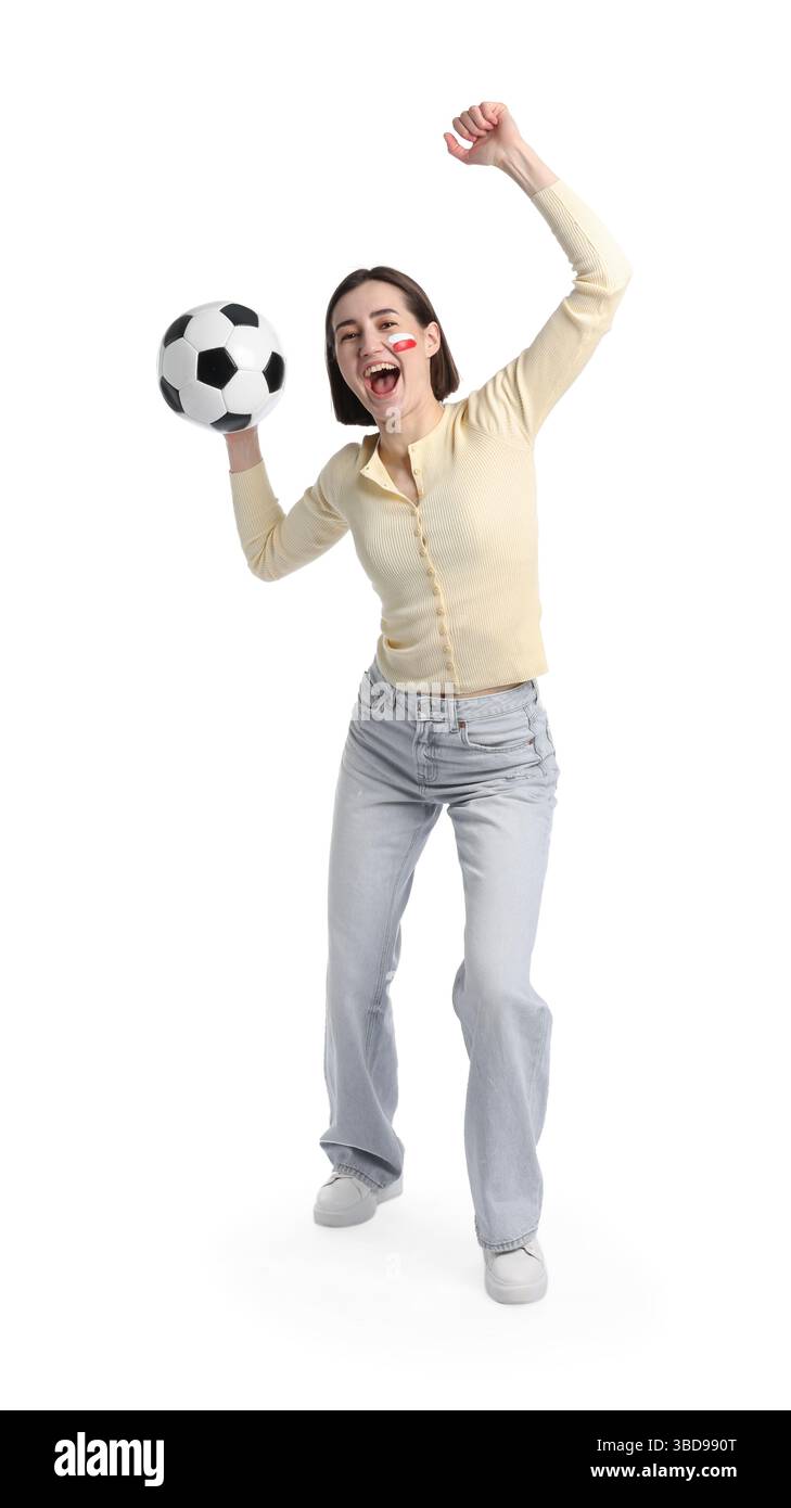 Fan de sport émotionnel avec dessin du drapeau polonais et du ballon de football sur fond blanc Banque D'Images
