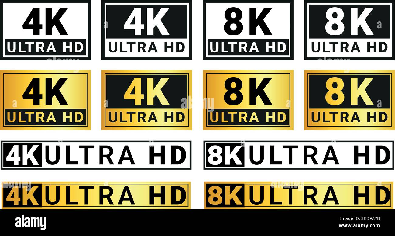 collection d'étiquettes ultra hd 4k et 8k en noir, blanc et or utilisées pour la résolution d'écran et la qualité d'affichage Illustration de Vecteur