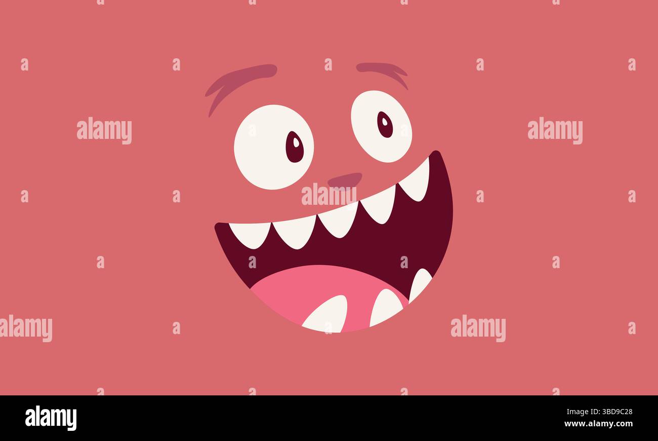Fond de visage de monstre de dessin animé drôle. Joyeuse créature rose avec de grands yeux. Expression mignonne Dingo. Illustration de Vecteur