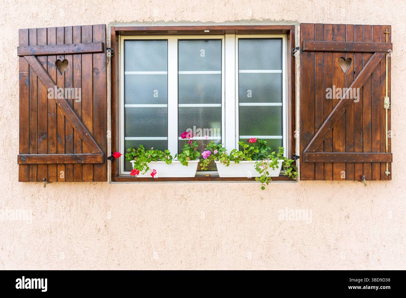 Volets ouverts et fleurs — vue de fenêtre rustique Banque D'Images