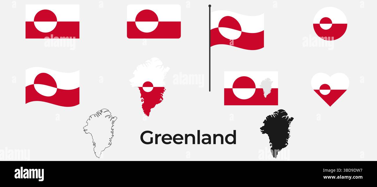 Ensemble d'icônes de drapeau du Groenland et de silhouettes de carte Illustration de Vecteur