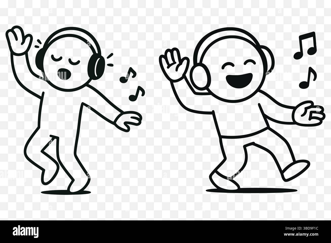 Personnages de dessins animés heureux écoutant de la musique avec des écouteurs – Fun Doodle Line Art Illustration de Vecteur