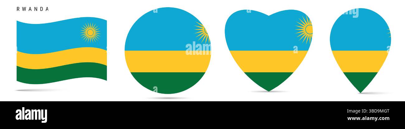 Rwanda agitant le drapeau, cercle rond autocollant badge, icône en forme de coeur, épingle de carte. Boutons de drapeau rwandais de différentes formes. Illustration vectorielle isolée sur Illustration de Vecteur