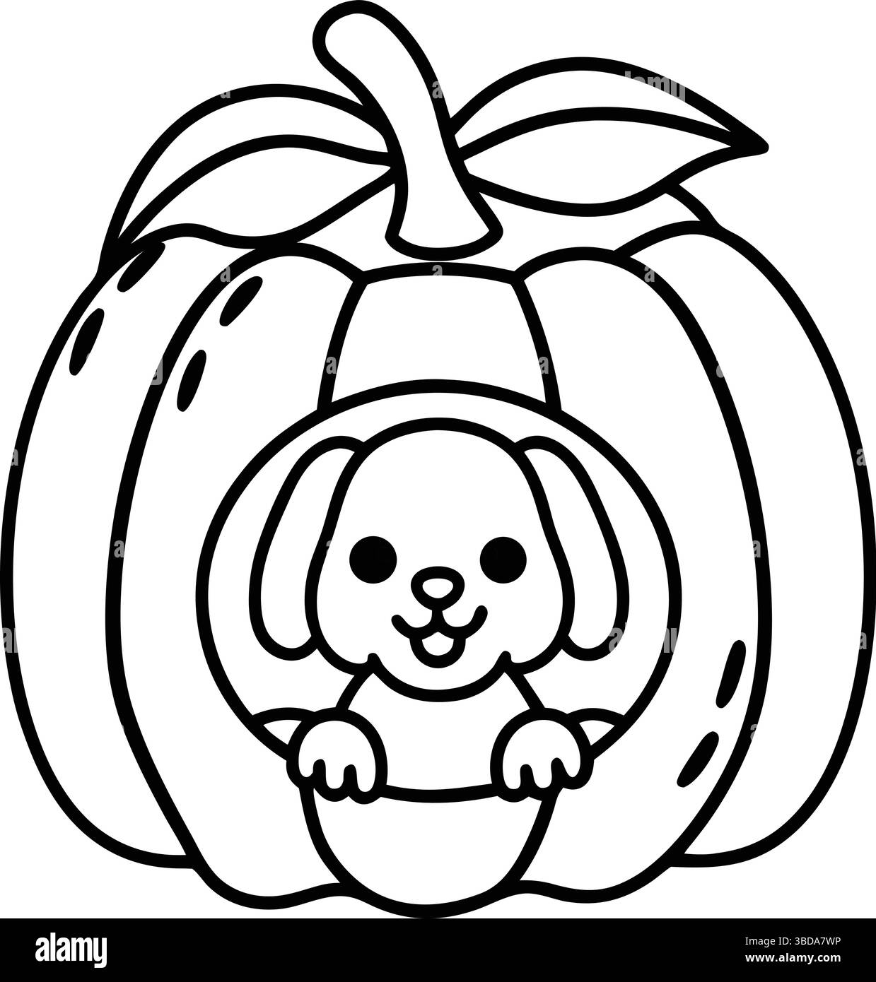 Coloriage, chiot dans une citrouille, arrière-plan, Art vectoriel, contour mignon, avec simple dessin au trait gras, noir et blanc, dessin au trait, style dessin animé, ligne Ar Illustration de Vecteur