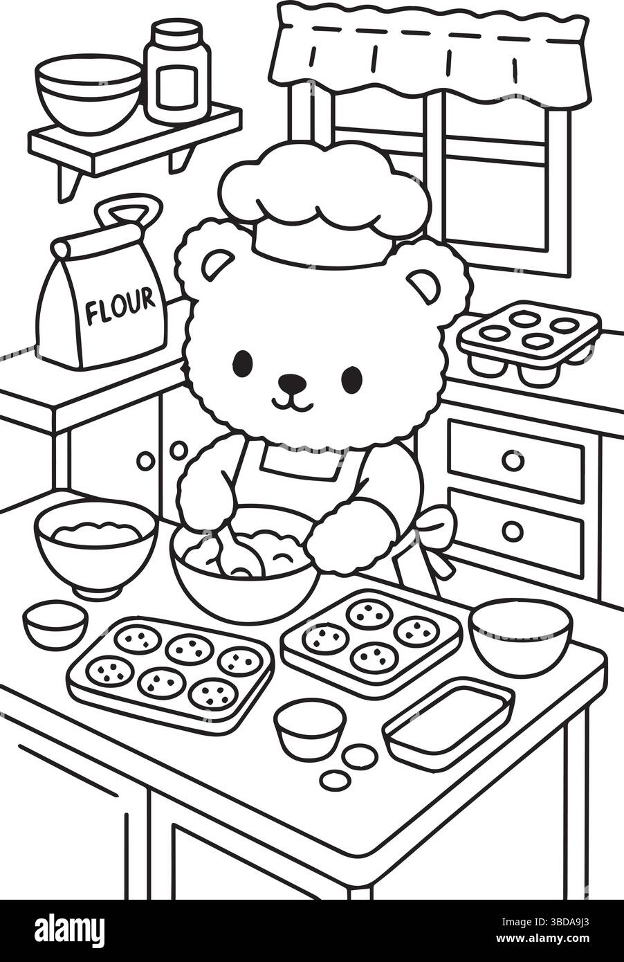 Un ours en peluche est dans la cuisine, préparant et appréciant la nourriture Illustration de Vecteur