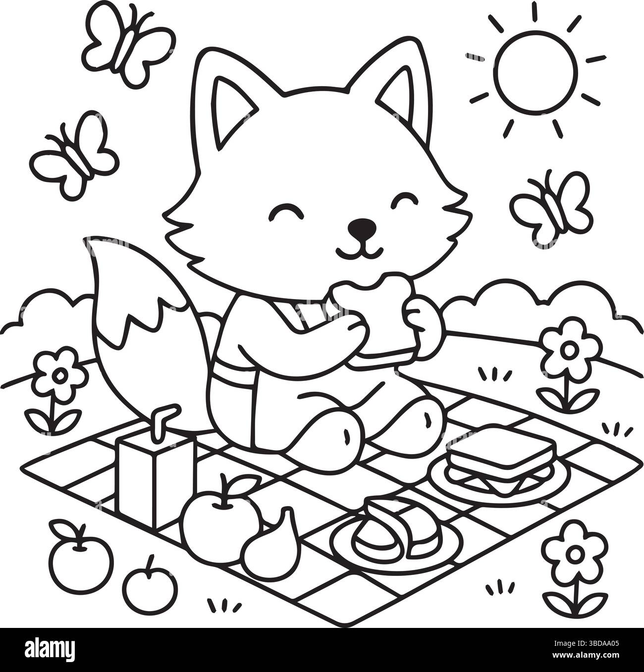 Un adorable Fox jouissant joyeusement d'un délicieux pique-nique dans un magnifique cadre de jardin ensoleillé Illustration de Vecteur