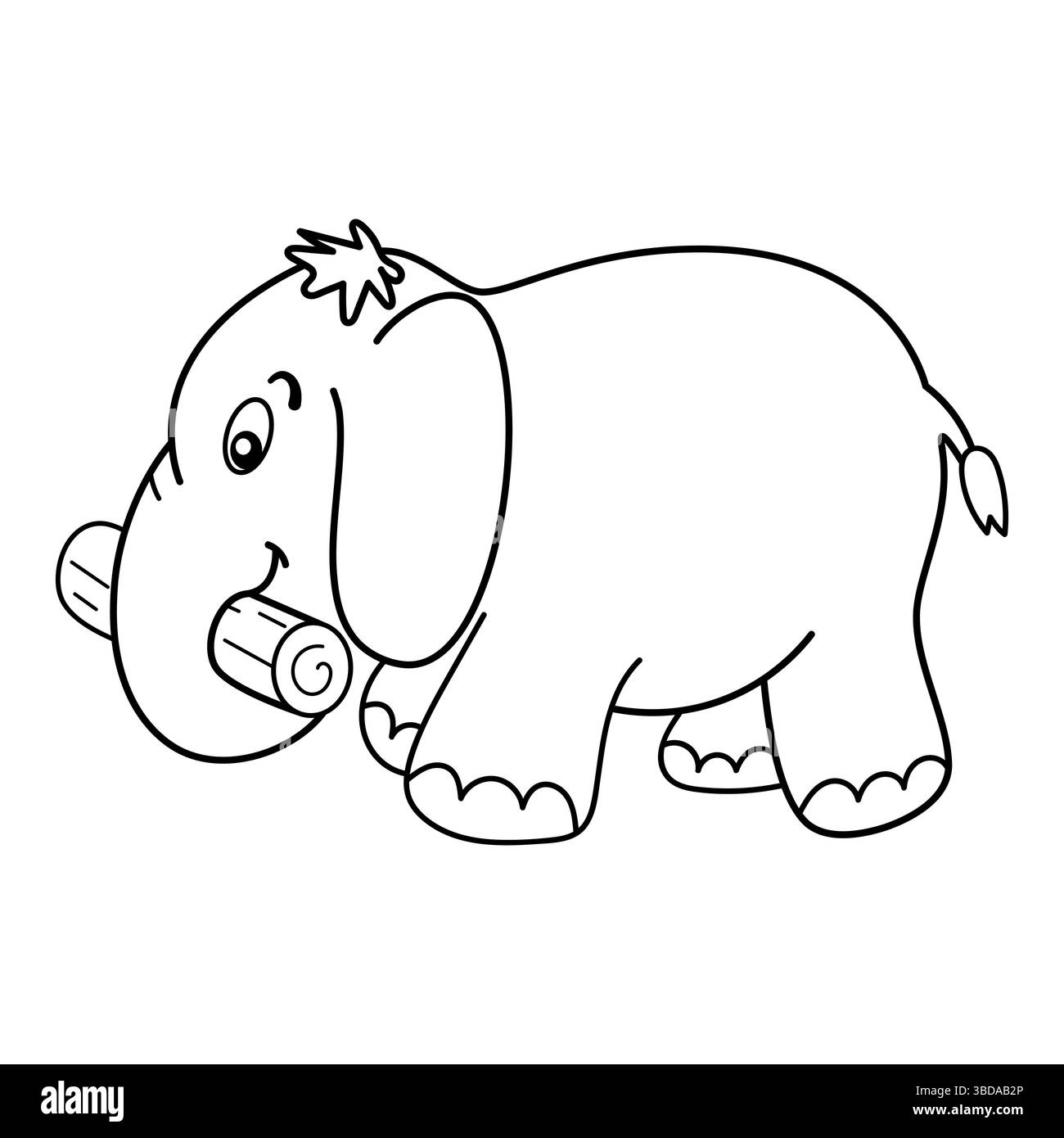 Éléphant mignon avec une bûche. Cette image vectorielle en noir et blanc montre un adorable éléphant de dessin animé dans un style ludique et convivial. Illustration de Vecteur