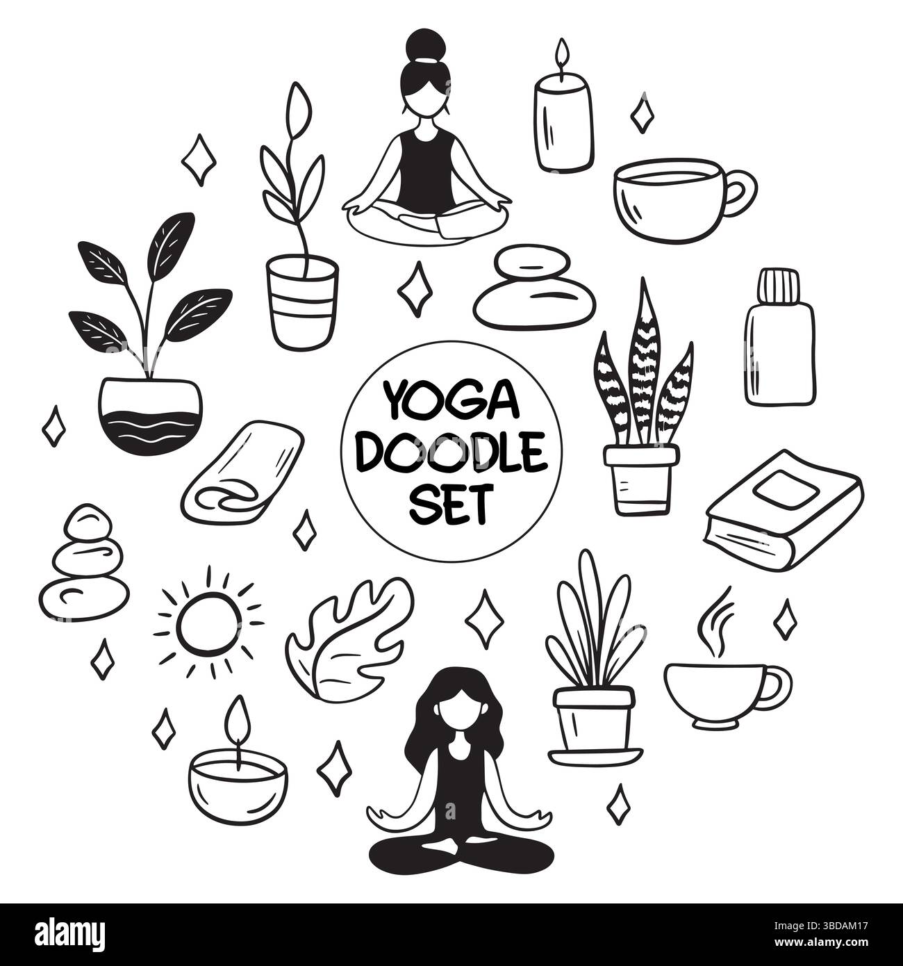 Collection de gribouilles de yoga, relax, méditation illustrant des poses et des symboles pour les amateurs de bien-être Illustration de Vecteur