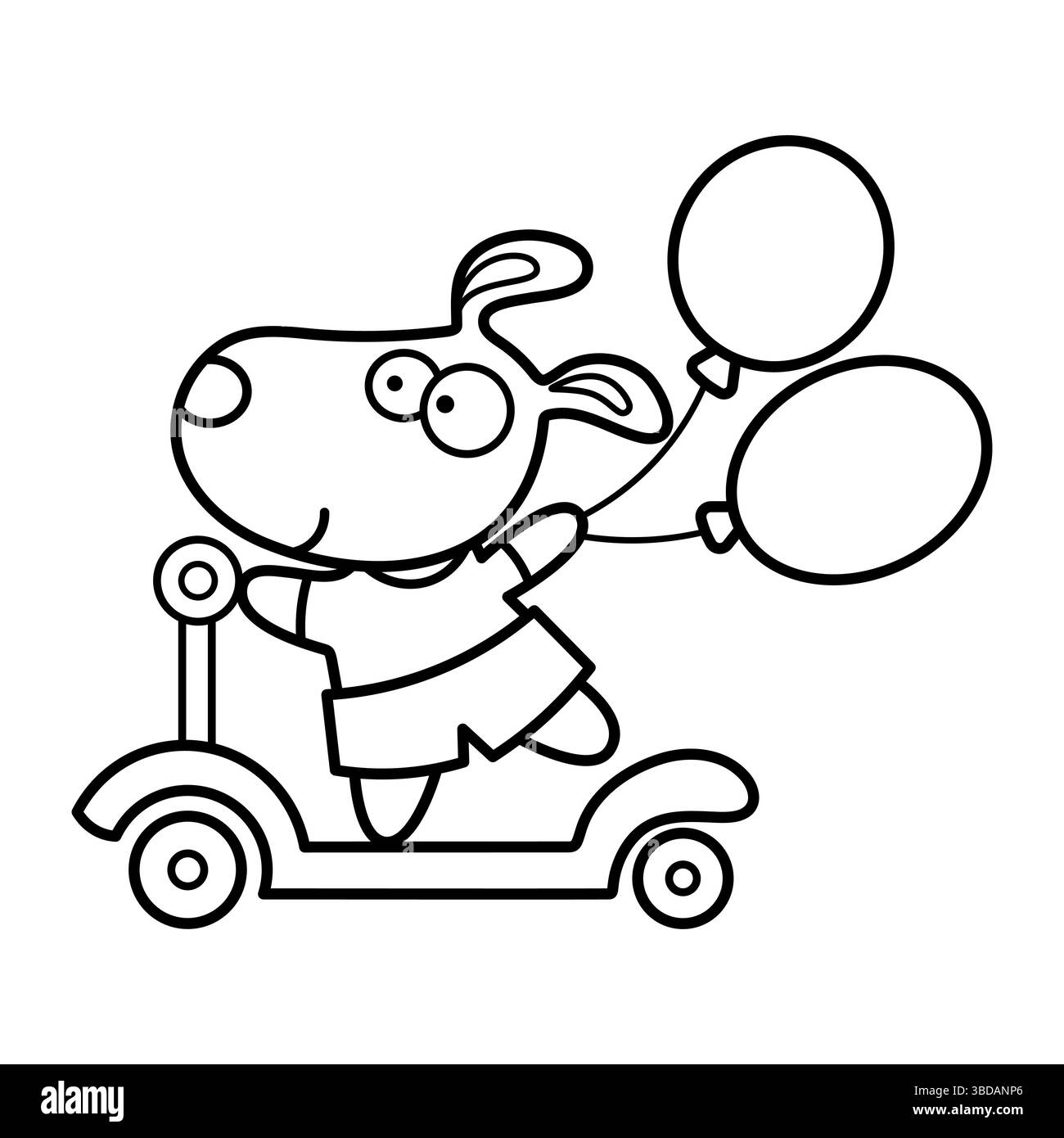 Chien sur Scooter avec des ballons. Il s'agit d'une illustration de contour noir et blanc mettant en vedette un chien de dessin animé mignon chevauchant un scooter. Illustration de Vecteur