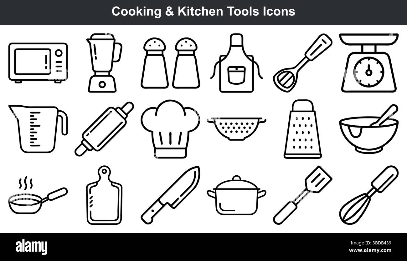Les icônes des outils de cuisine alignent les éléments de conception de l'art de cuisson Illustration de Vecteur