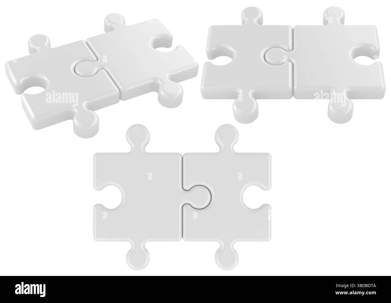 Rendu 3D de pièces blanches de maquette de puzzle ensemble, paires connectées dans différentes vues. Rendu 3D isolé sur fond blanc Banque D'Images