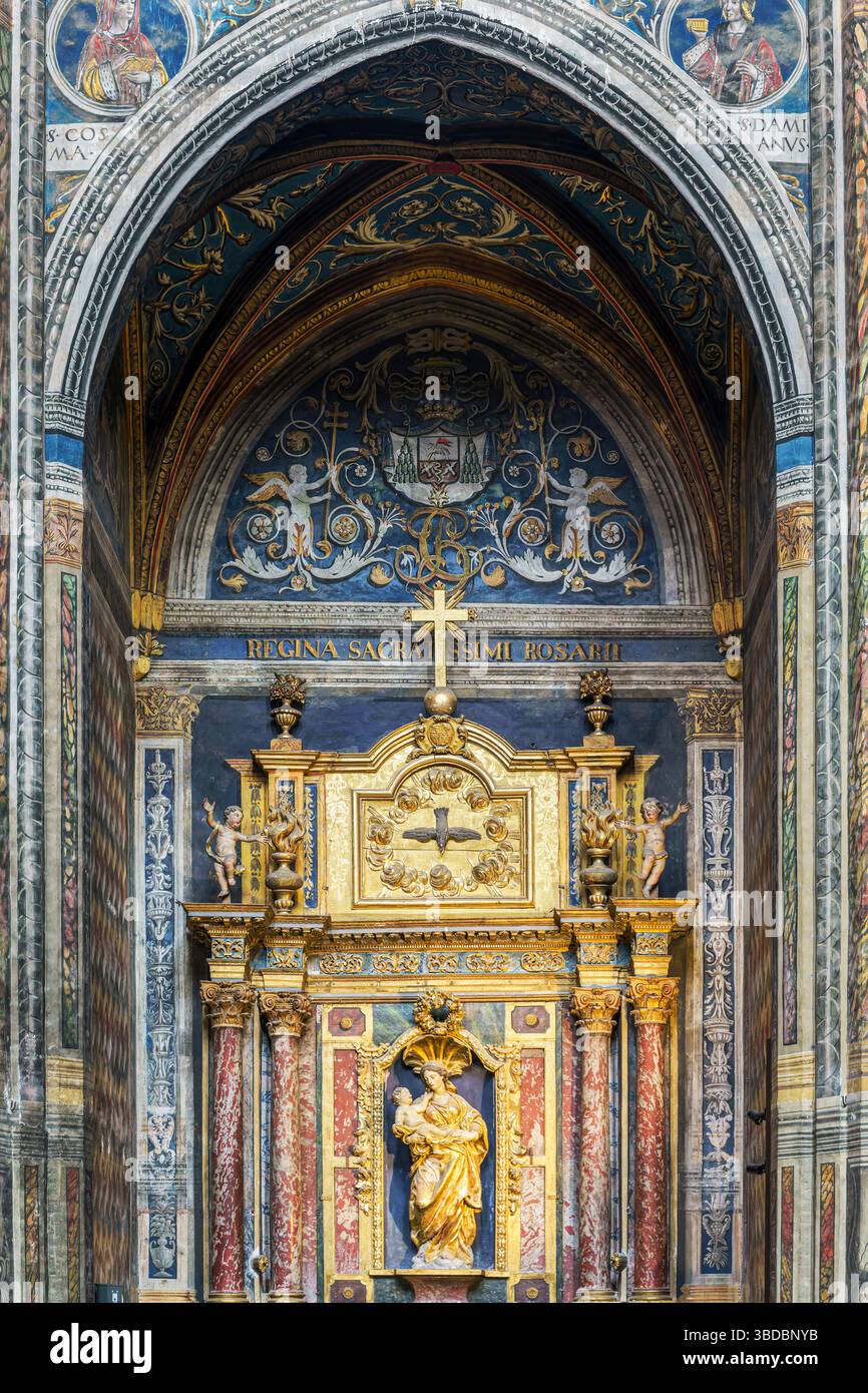 Un autel orné de statues et de détails en or orne la cathédrale Sainte-Cécile à Albi, en France, illustrant le style gothique somptueux de l'église. Banque D'Images