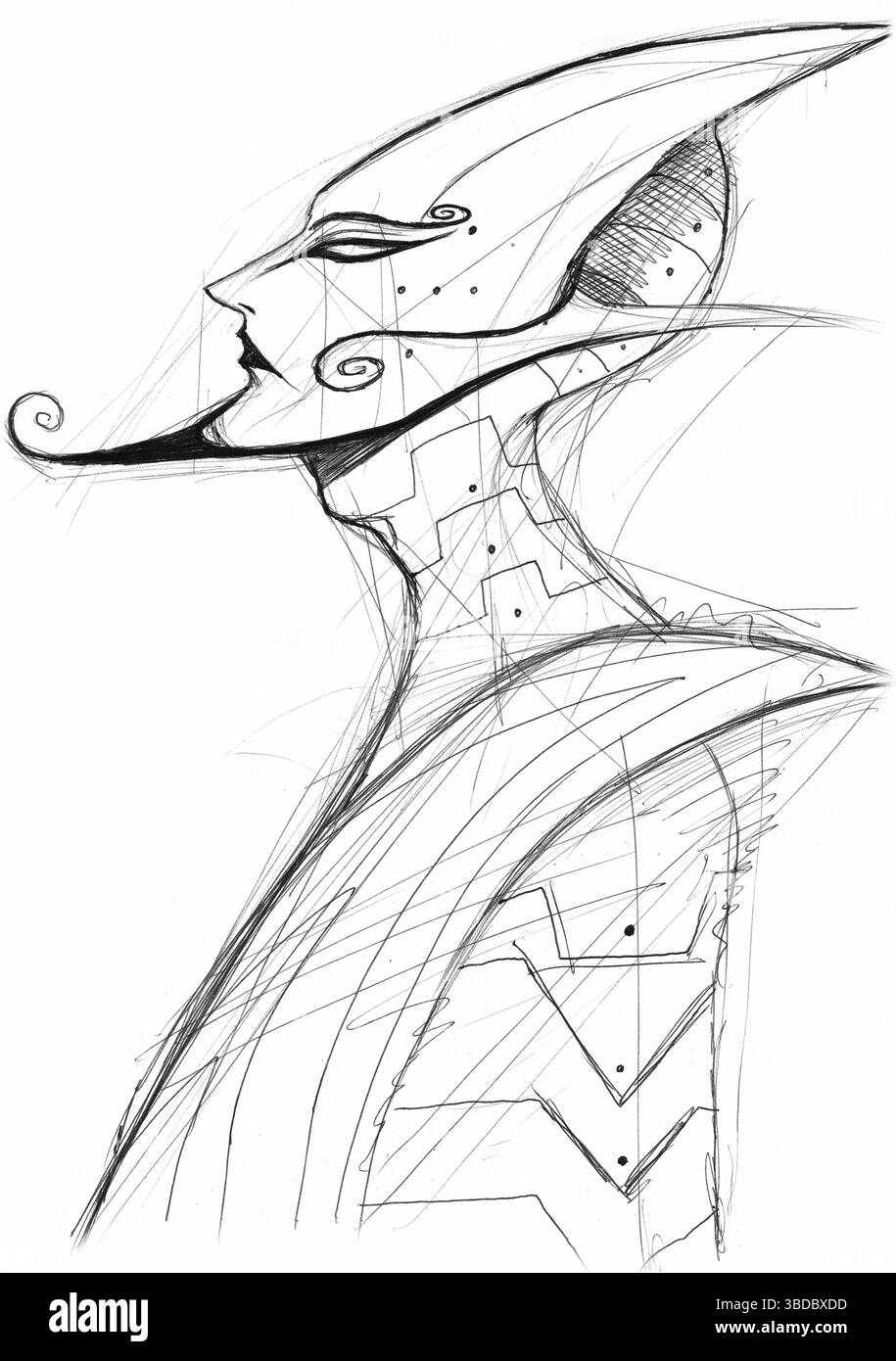 Croquis stylisé de profil avec casque ornemental, lignes nettes et formes abstraites, représentant une figure énigmatique entre guerrier et créature symbolique. Banque D'Images