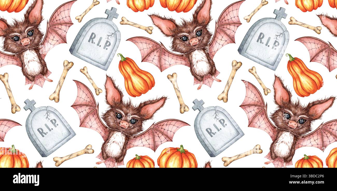 Chauve-souris avec ailes déployées, pierre tombale, citrouilles et illustration d'aquarelle d'os. Répétition isolée de l'arrière-plan. Conception Spooky Halloween pour tissu, wra Banque D'Images