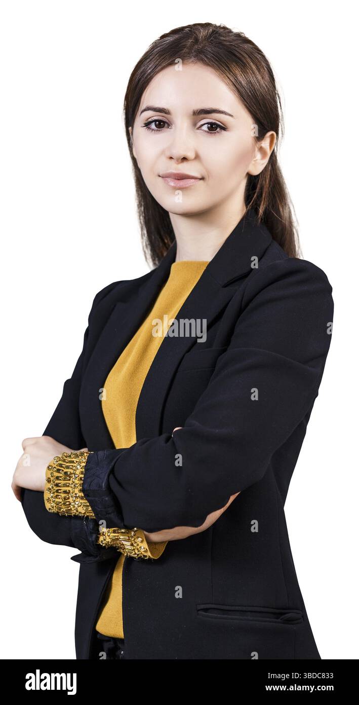 Belle jeune femme avec les mains croisées isolé sur fond blanc Banque D'Images