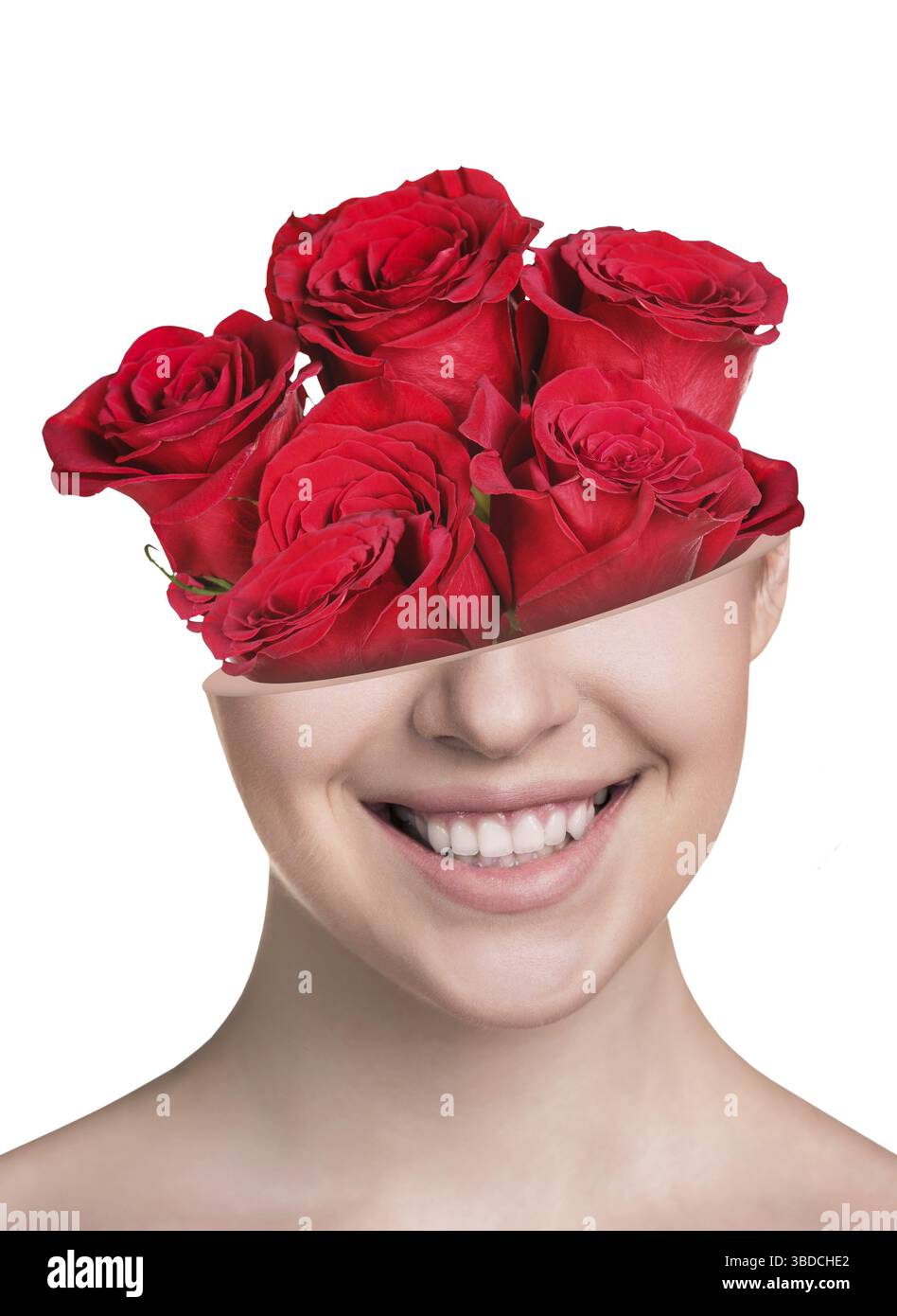 Boquet de roses dans Beautiful woman', s demi-tête isolé sur blanc Banque D'Images