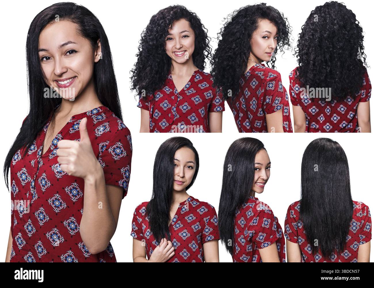 Jeune femme avec les cheveux noirs avant et après le lissage sur fond bleu Banque D'Images