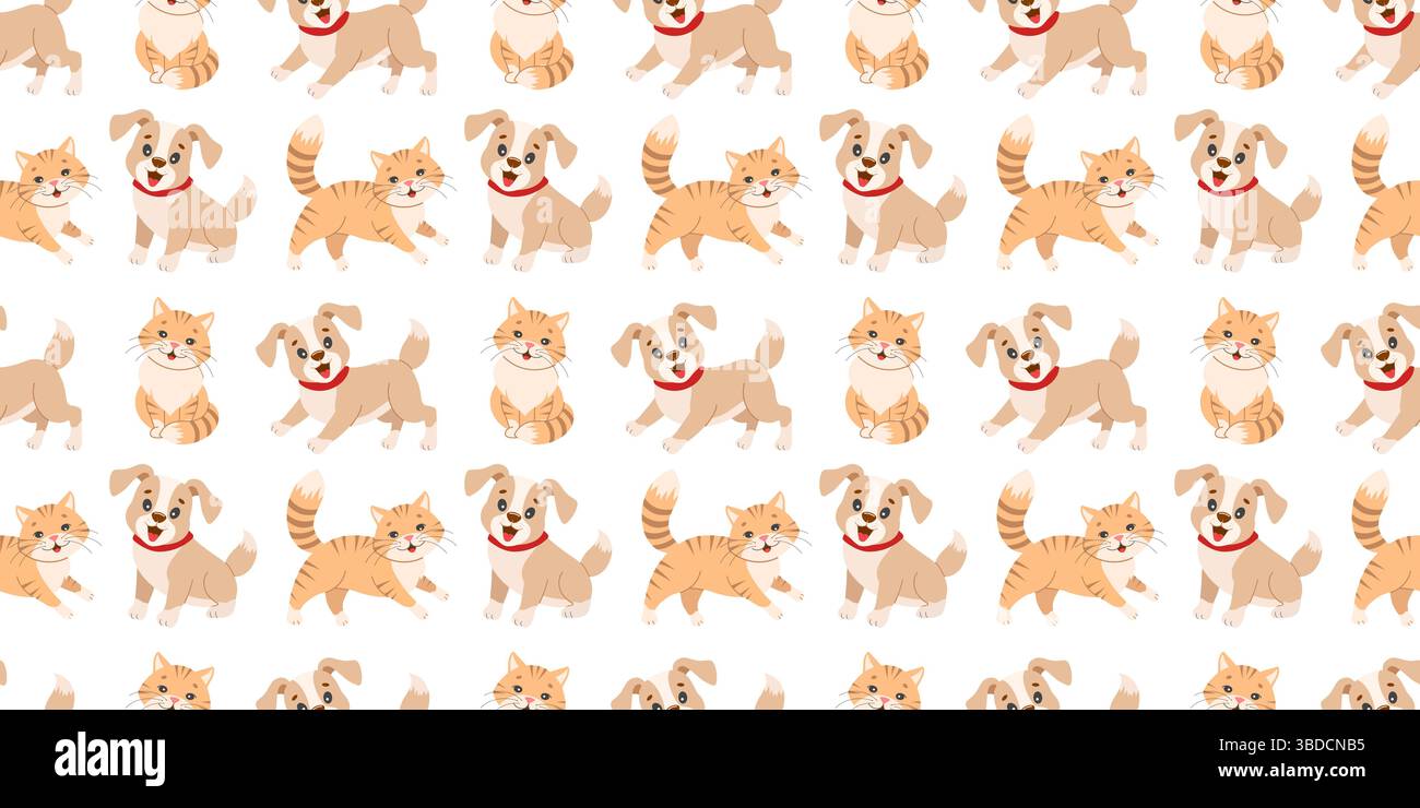 Adorable motif sans couture avec des chats et des chiens ludiques dans diverses poses, parfait pour les dessins ou arrière-plans sur le thème des animaux de compagnie. Illustration de Vecteur