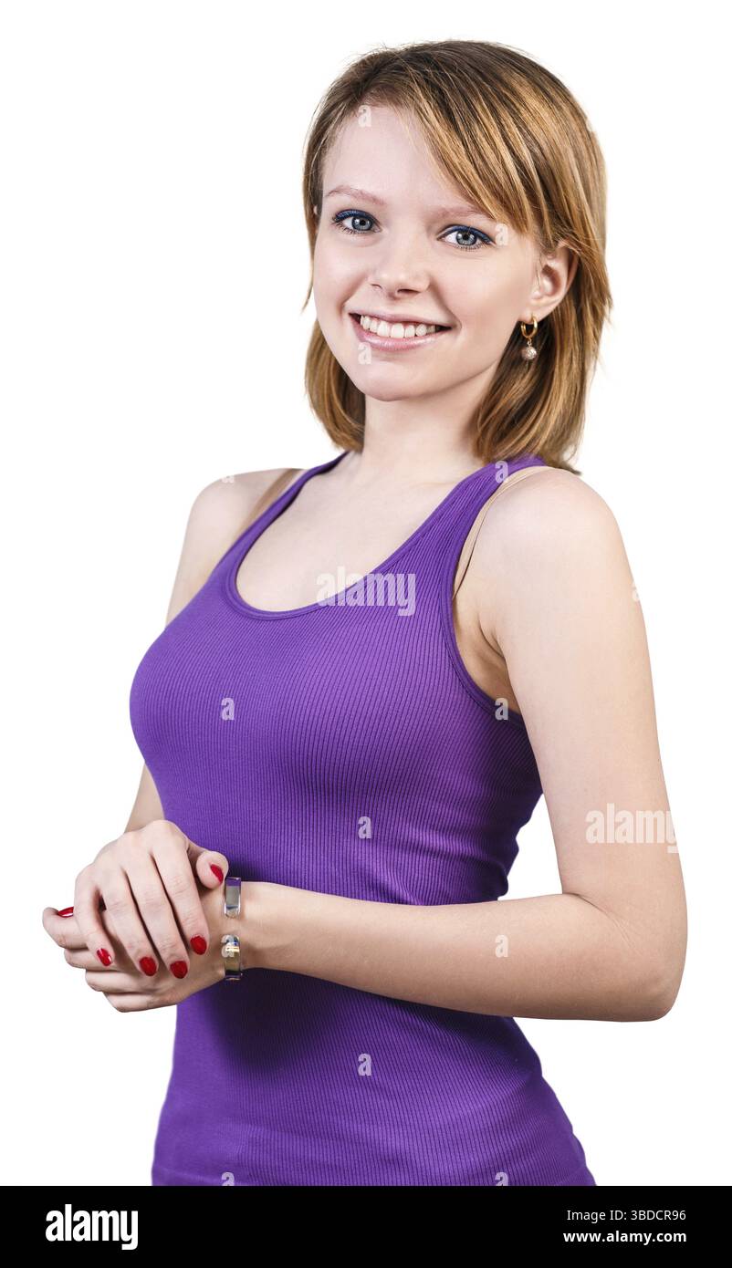 Young Beautiful woman smiling isolé sur fond blanc Banque D'Images