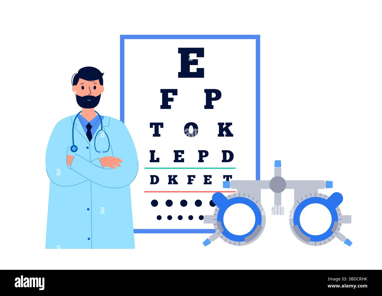 Illustration d'un examen de la vue avec une monture d'essai ophtalmique. Un test de diagramme de l'oeil évalue l'acuité visuelle en mesurant la clarté avec laquelle un patient peut voir les lettres ou d'autres symboles à une distance spécifique. Une monture d'essai ophtalmique est une monture de lunettes ajustable conçue pour contenir divers verres d'essai pour tester la vision et trouver la prescription correcte. Banque D'Images