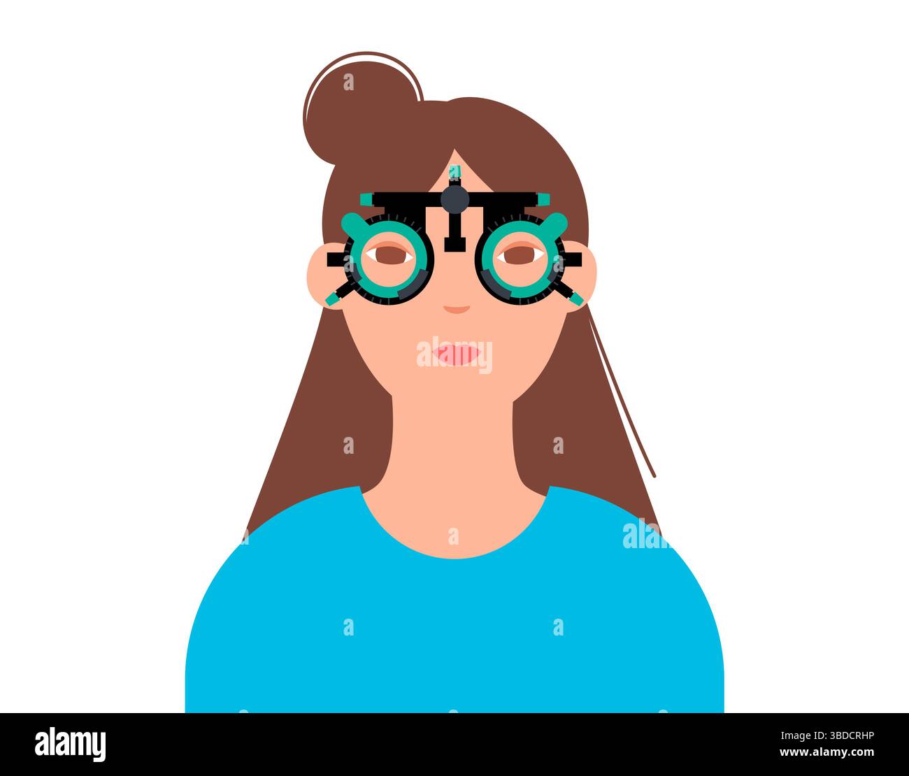 Illustration d'une monture d'essai ophtalmique. Il s'agit d'une monture de lunettes réglable conçue pour tenir divers verres d'essai pour tester la vision et trouver la prescription correcte. Il est utilisé par les ophtalmologistes et les optométristes pour évaluer les erreurs de réfraction d'un patient, comme la myopie (myopie) et l'astigmatisme. Banque D'Images