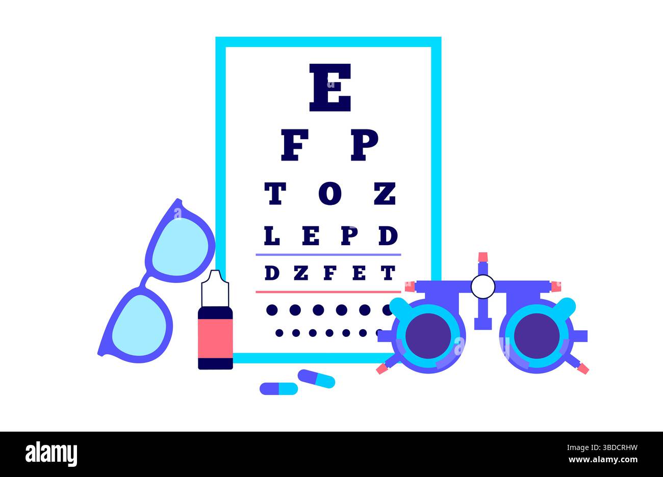 Illustration d'un examen et d'un traitement oculaires. Un test de diagramme de l'oeil évalue l'acuité visuelle en mesurant la clarté avec laquelle un patient peut voir les lettres ou d'autres symboles à une distance spécifique. Une monture d'essai ophtalmique est une monture de lunettes ajustable conçue pour contenir divers verres d'essai pour tester la vision et trouver la prescription correcte. Les traitements correctifs sont avec des lentilles de contact. Banque D'Images