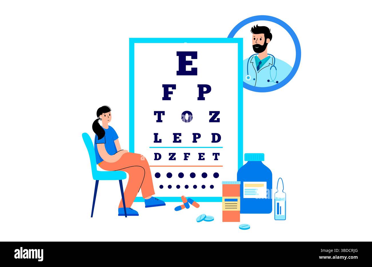 Illustration d'un examen et d'un traitement oculaires. Un test de diagramme de l'oeil évalue l'acuité visuelle en mesurant la clarté avec laquelle un patient peut voir les lettres ou d'autres symboles à une distance spécifique. Banque D'Images