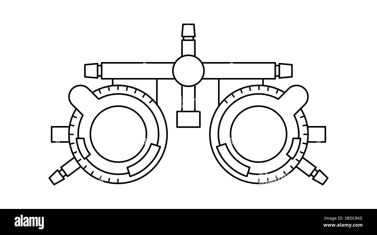Illustration d'une monture d'essai ophtalmique. Il s'agit d'une monture de lunettes réglable conçue pour tenir divers verres d'essai pour tester la vision et trouver la prescription correcte. Il est utilisé par les ophtalmologistes et les optométristes pour évaluer les erreurs de réfraction d'un patient, comme la myopie (myopie) et l'astigmatisme. Banque D'Images