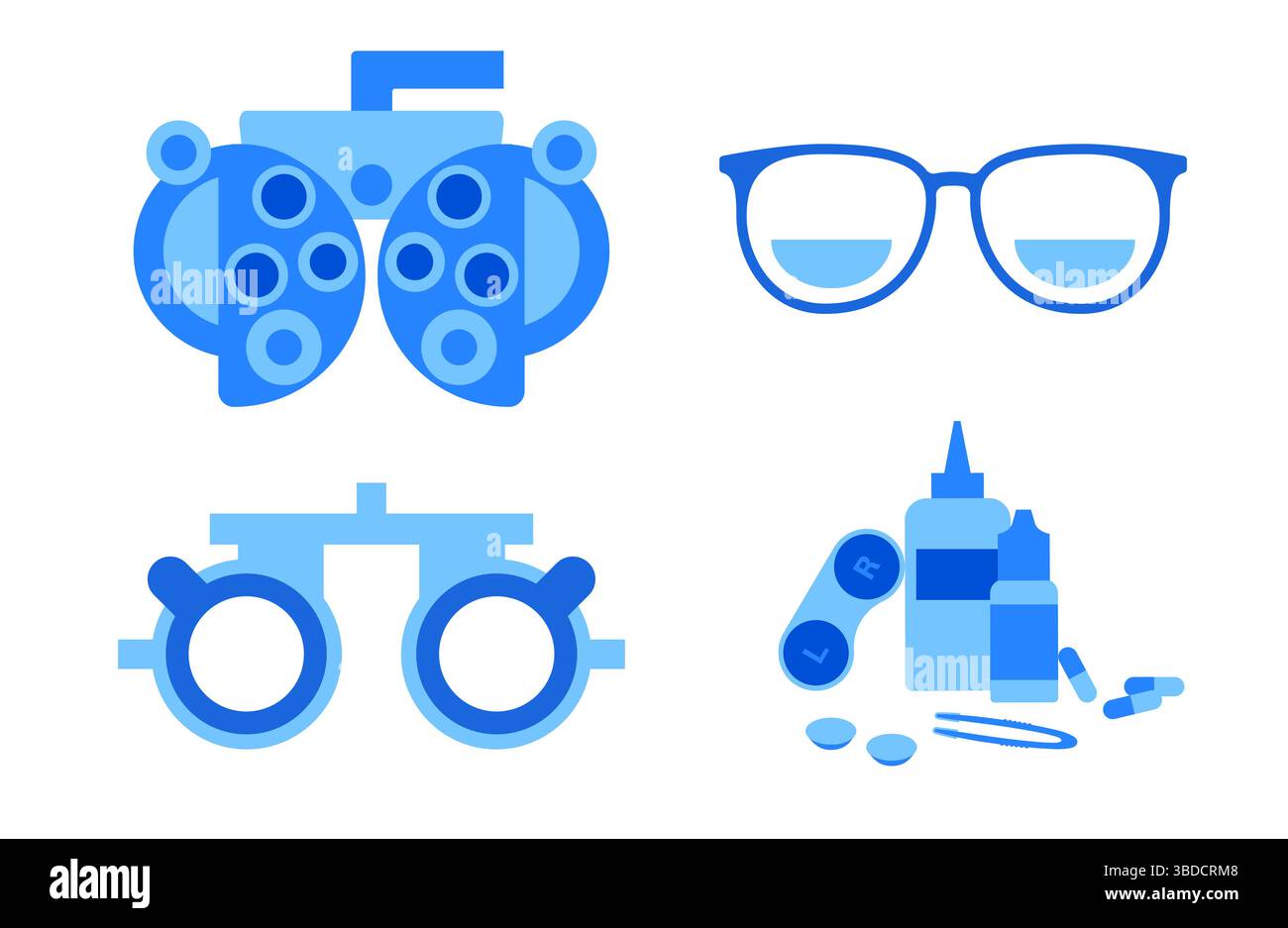 Illustration conceptuelle de l'optométrie montrant un diagramme de l'oeil, monture d'essai ophtalmique, lunettes, gouttes pour les yeux, pince à épiler, lentilles de contact et solution pour lentilles de contact. Banque D'Images