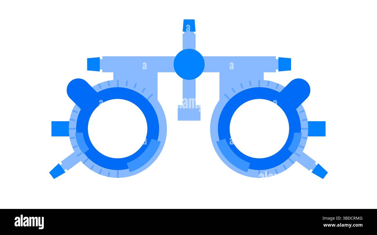 Illustration d'une monture d'essai ophtalmique. Il s'agit d'une monture de lunettes réglable conçue pour tenir divers verres d'essai pour tester la vision et trouver la prescription correcte. Il est utilisé par les ophtalmologistes et les optométristes pour évaluer les erreurs de réfraction d'un patient, comme la myopie (myopie) et l'astigmatisme. Banque D'Images