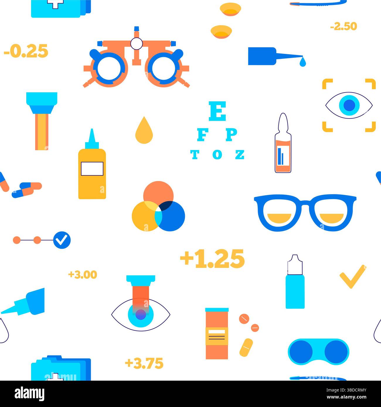 Illustration conceptuelle des soins oculaires, montrant diverses icônes optométriques telles que les lunettes, les lentilles de contact, la solution de lentilles de contact et la correction laser, entre autres. Banque D'Images