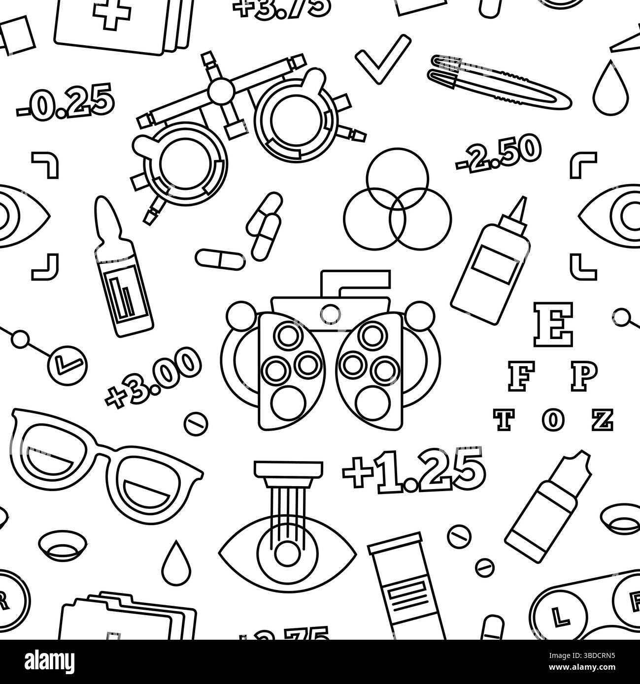 Illustration conceptuelle des soins oculaires, montrant diverses icônes optométriques telles que les lunettes, les lentilles de contact, la solution de lentilles de contact et la correction laser, entre autres. Banque D'Images