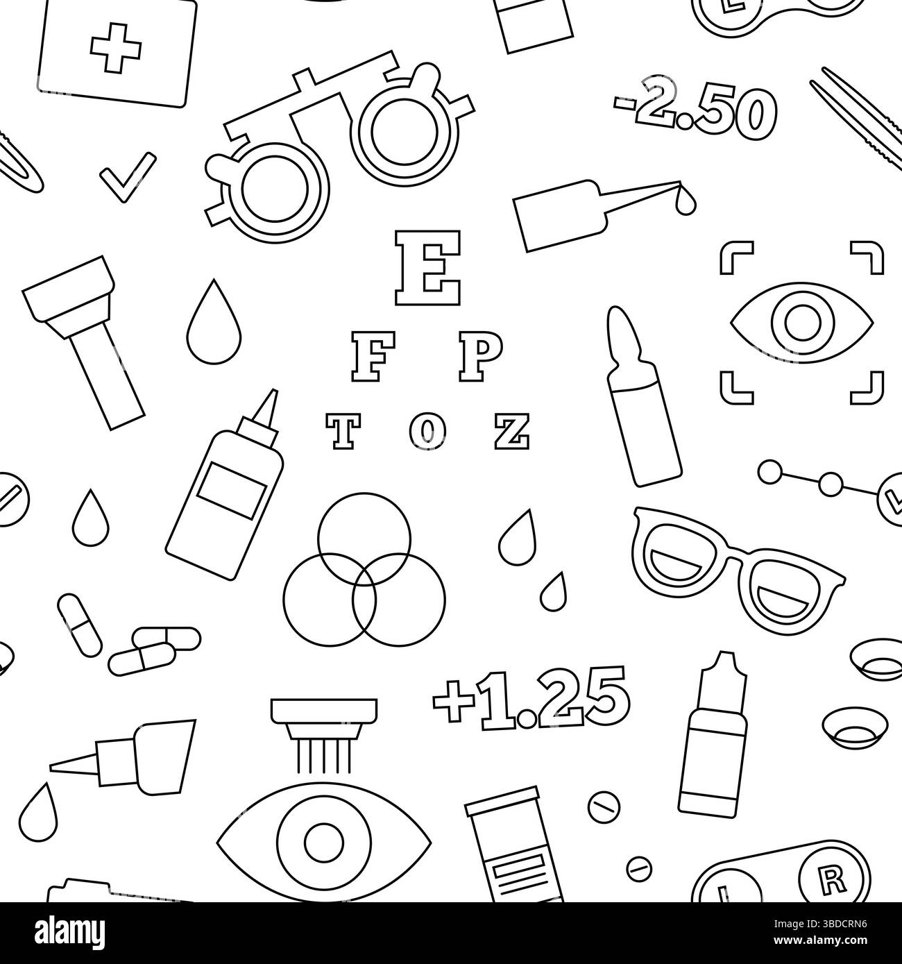 Illustration conceptuelle des soins oculaires, montrant diverses icônes optométriques telles que les lunettes, les lentilles de contact, la solution de lentilles de contact et la correction laser, entre autres. Banque D'Images