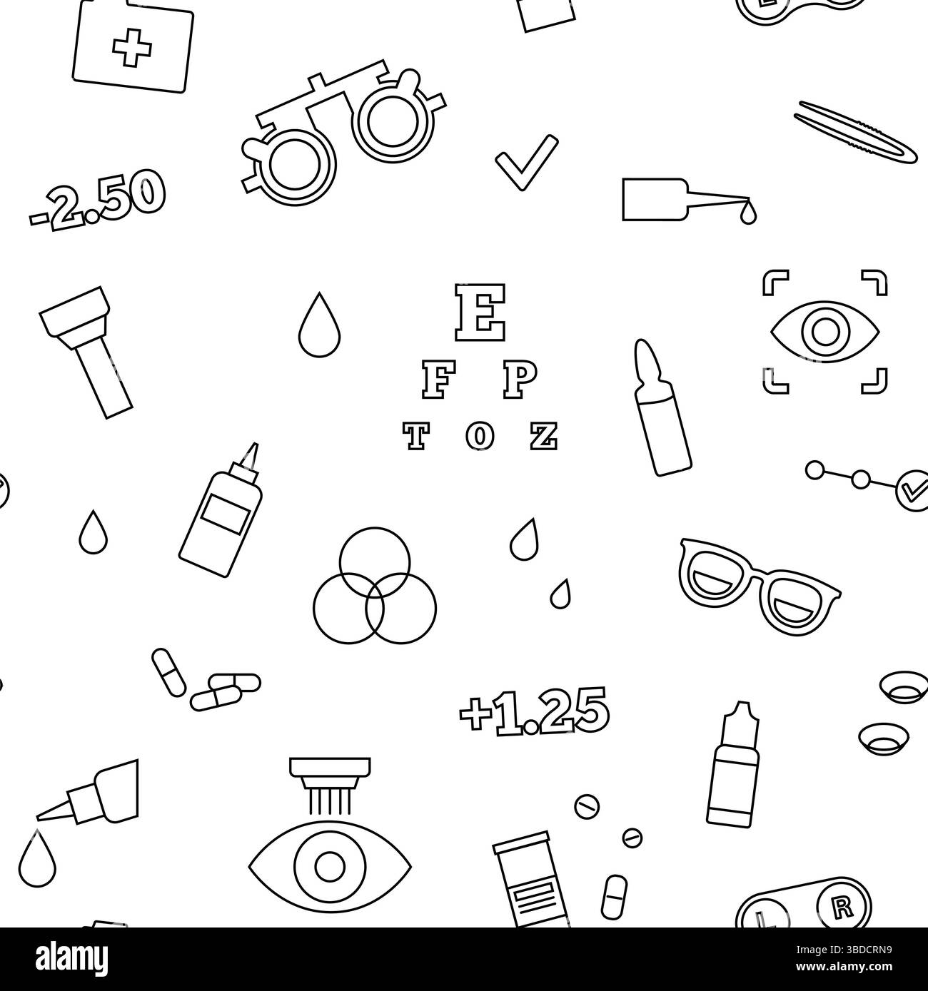 Illustration conceptuelle des soins oculaires, montrant diverses icônes optométriques telles que les lunettes, les lentilles de contact, la solution de lentilles de contact et la correction laser, entre autres. Banque D'Images