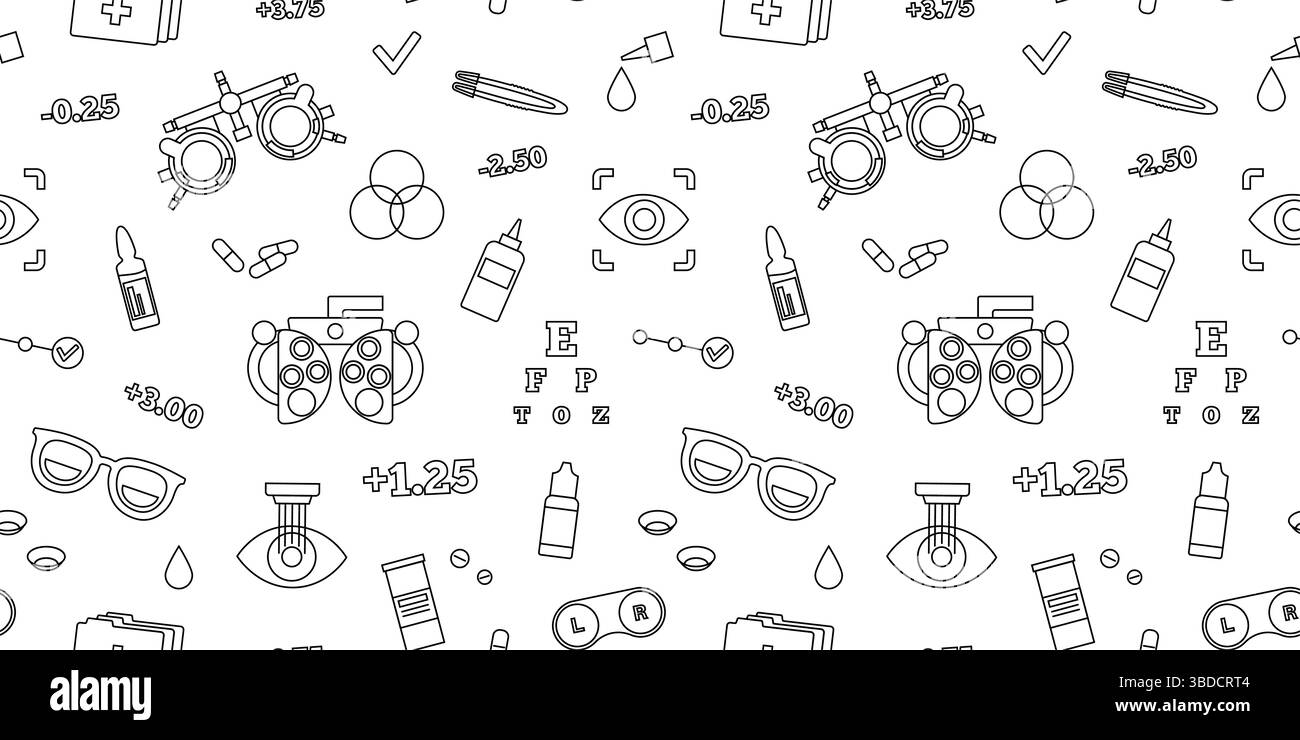 Illustration conceptuelle des soins oculaires, montrant diverses icônes optométriques telles que les lunettes, les lentilles de contact, la solution de lentilles de contact et la correction laser, entre autres. Banque D'Images
