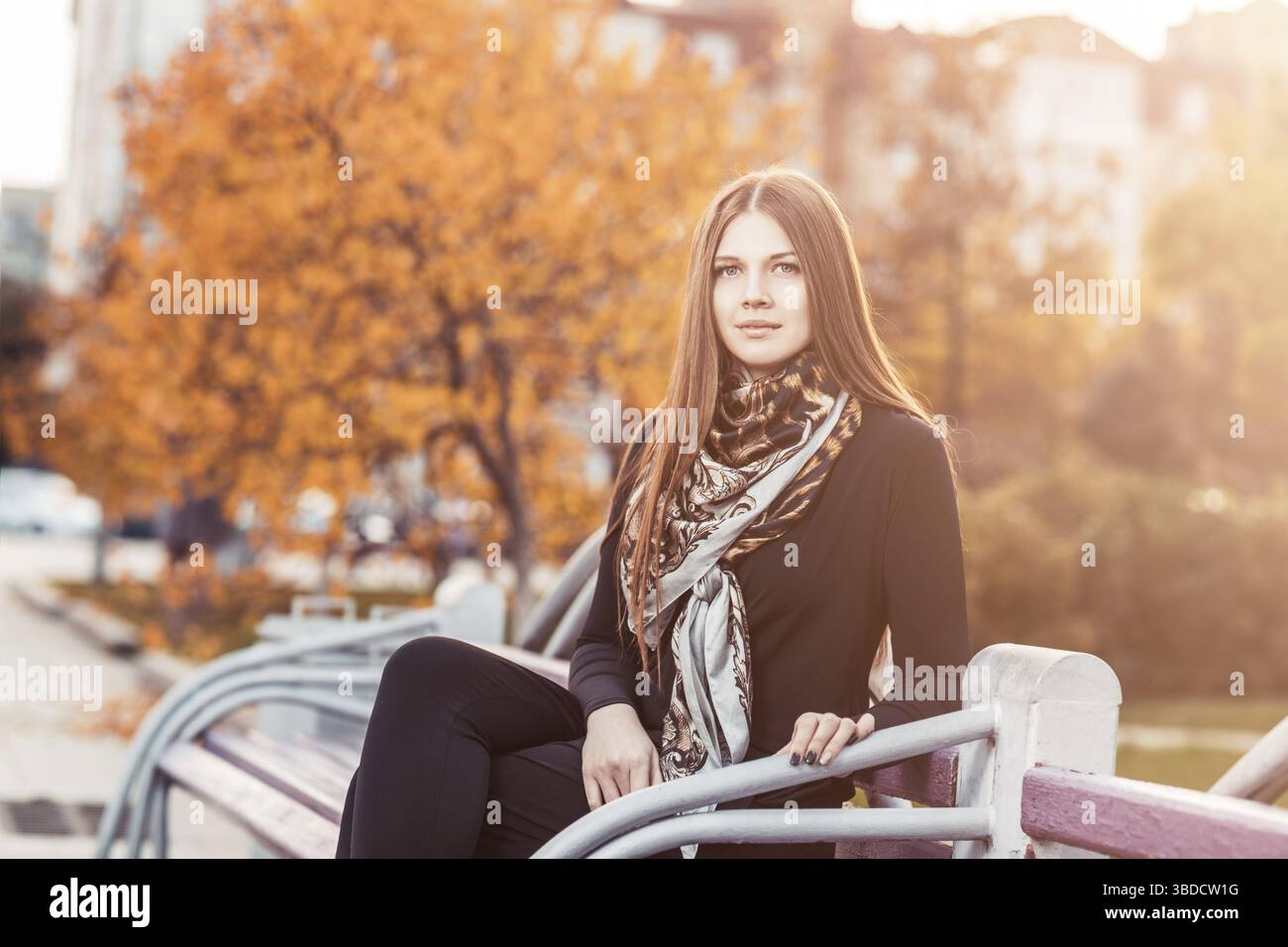 Jeune belle femme assise sur le banc dans le parc d'automne Banque D'Images