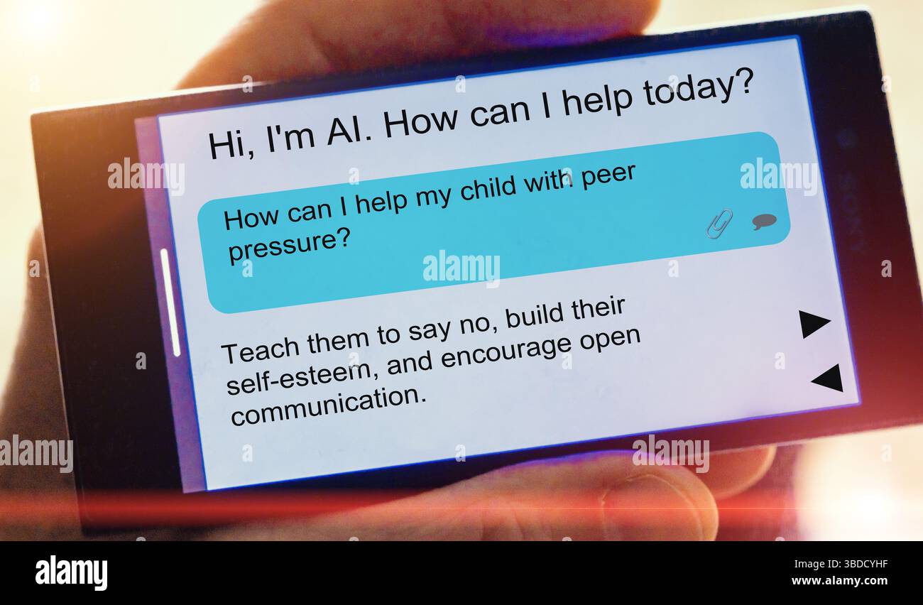 Question pour l'intelligence artificielle sur l'écran du smartphone. Comment puis-je aider mon enfant avec la pression de mes pairs ? Banque D'Images