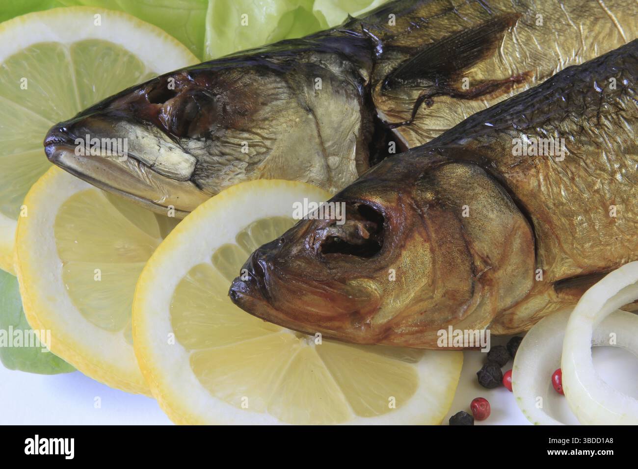 Têtes de deux poissons fumés sur tranches de citron Banque D'Images