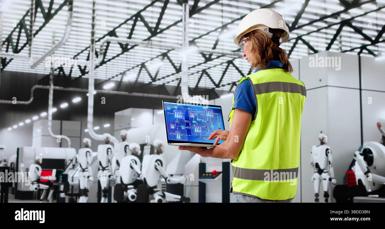 Une femme innovante pionnière de la technologie future dans la simulation de l'industrie de la fabrication de semi-conducteurs. Banque D'Images Une femme innovante pionnière de la technologie future dans la simulation de l'industrie de la fabrication de semi-conducteurs. Banque D'Images